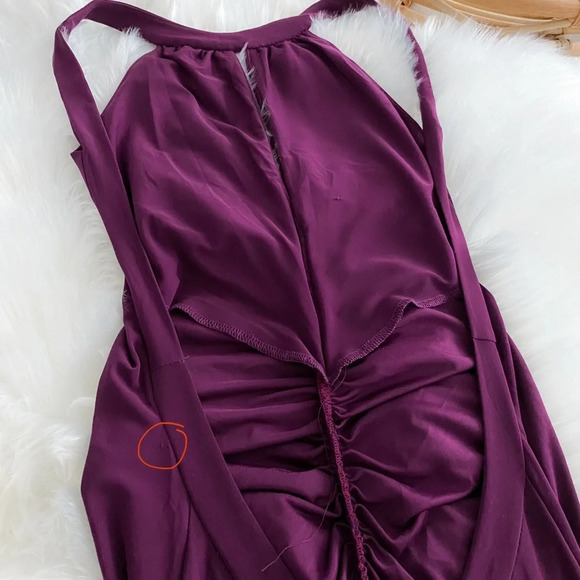 Camille Flawless Open Back Maxi Long Dress Purple Ruched Slit Low V-back Bodycon - Picture 5 of 12